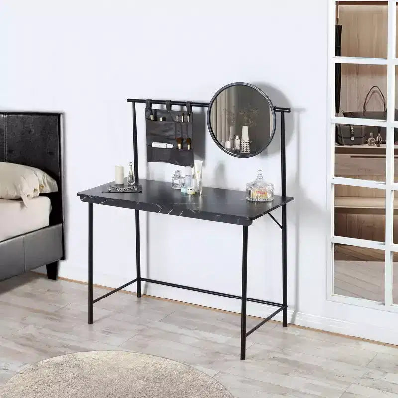 FurnitureR Vanity Desk with Removable Circular Mirror Simple Makeup Dressing Table Multifunctional Dressing Desk Writing Desk for Bedroom, Black