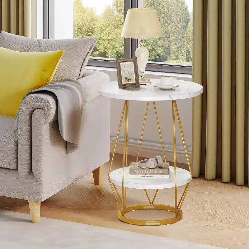 2-Tier Round End Side Table Faux Marble Top for Living Room