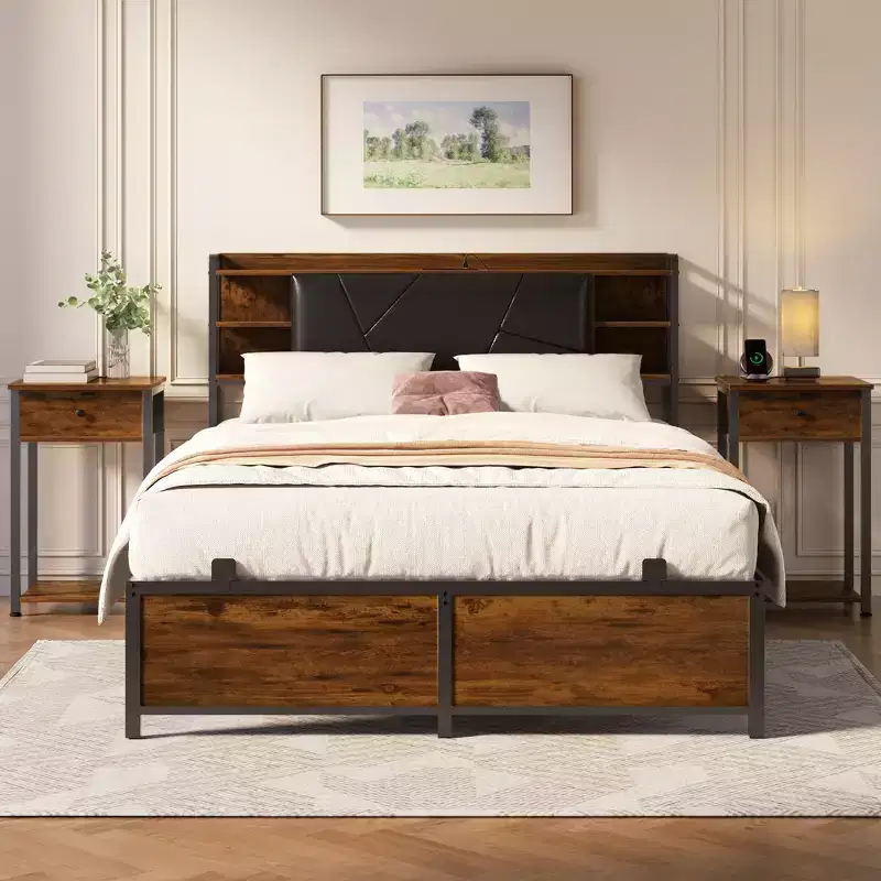 Besiost Upholstered Bed Frame with Storage Headboard, Charging Station and LED Light