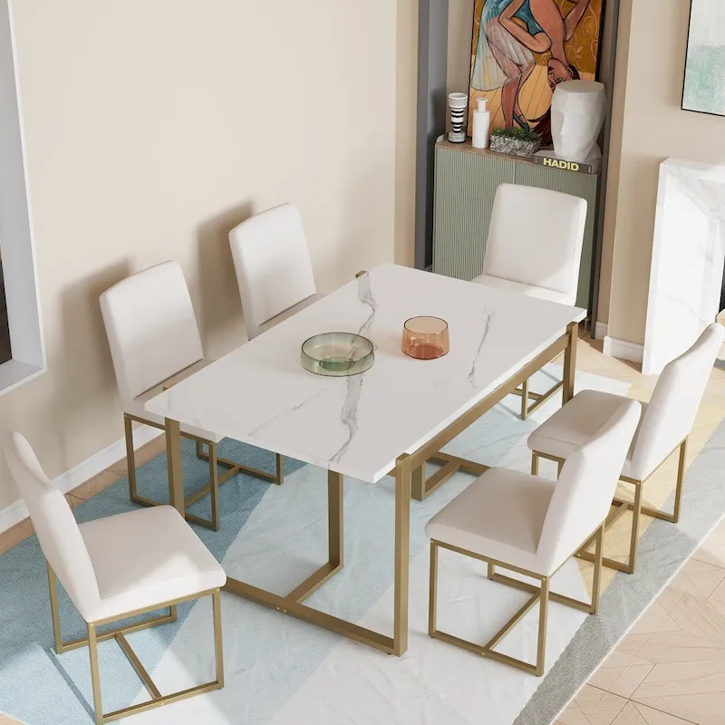 7-Piece Faux Marble Modern Dining Table Set with 6 Upholstered Chairs