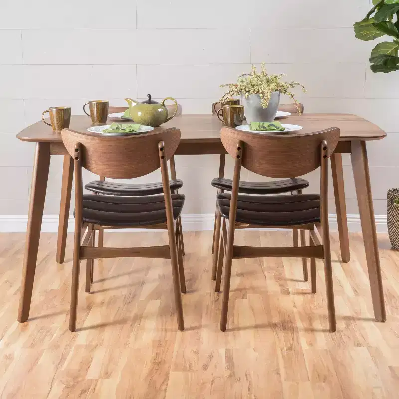 Christopher Knight Home 5pc Anise 59" Dining Set Walnut/Dark Brown: Rectangle Table, 4 Upholstered Chairs, Leather Seat