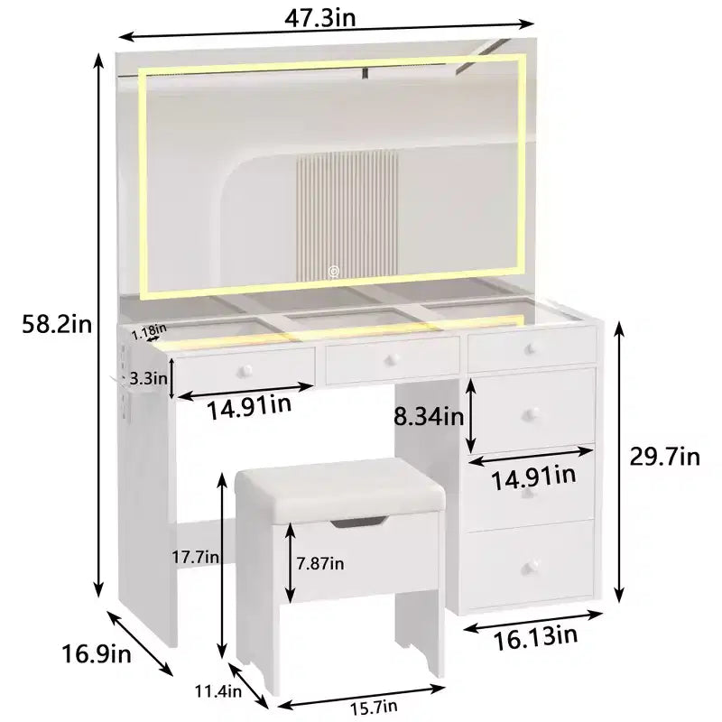 VECELO Vanity Desk Set with LED Lighted Mirror & Power Outlet, Makeup Table with Drawers, Storage Stool & Hair Dryer Stand for Bedroom, White