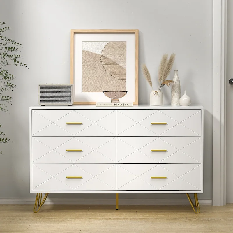 6-Drawer Fluted Dresser for Bedroom with Wide Top and Gold Handles