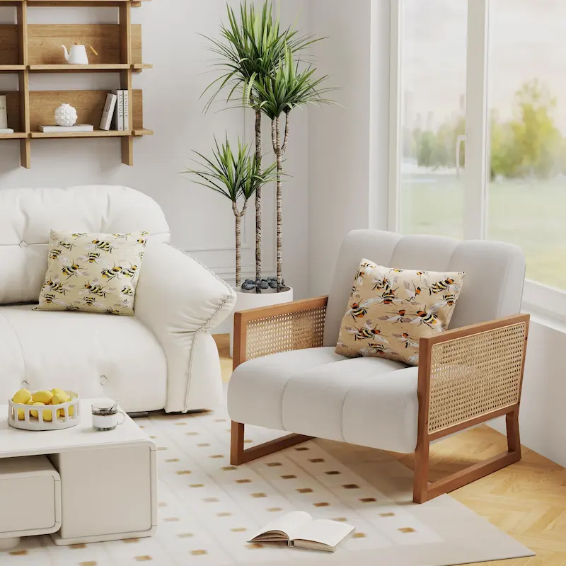 Rattan Accent Chairs, Upholstered Natural Rattan Chair Mid Century Modern Linen Armchair Side Chairs for Living Room Bedroom