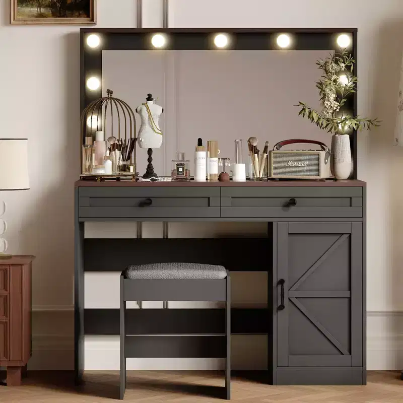 47 Vanity Table with Drawers and Lights, Makeup Vanity Table with Large Mirror and 11 LED Light and 3 Drawers, Black