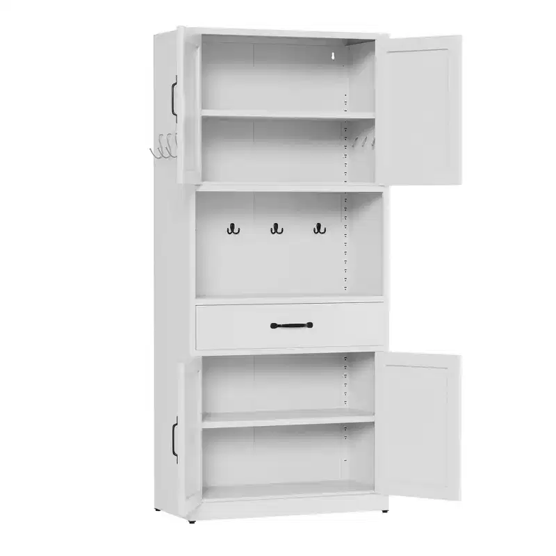 VIYET 71H Heavy-Duty White Steel Pantry Cabinet,Large Countertop+Adjustable Shelves+Drawers+Hooks,Modern Storage for Kitchen/Bathroom/Living Room