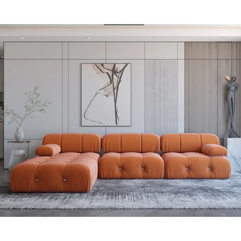 Modern Orange Velvet Upholstered Large Modular Sectional Sofa