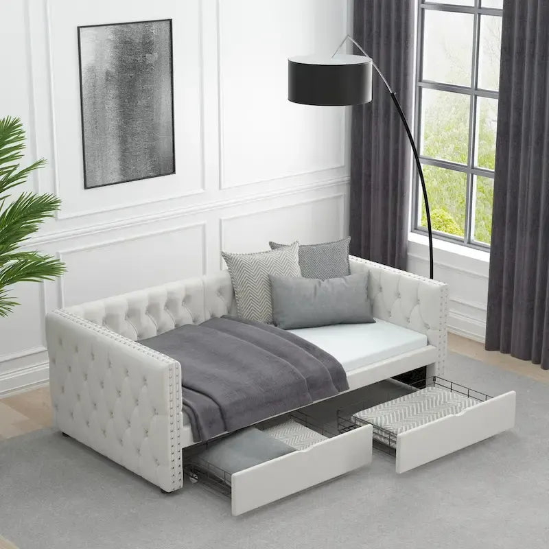Twin Size Daybed with Drawers Upholstered Tufted Sofa Bed