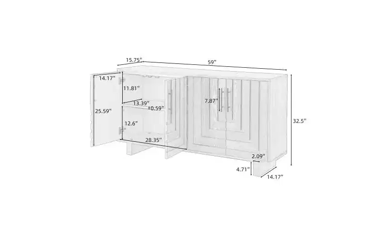JVNOXK 59-inch modern-style sideboard with four doors, crafted from MDF with ash veneer and metal handles. Ideal for dining rooms. Black