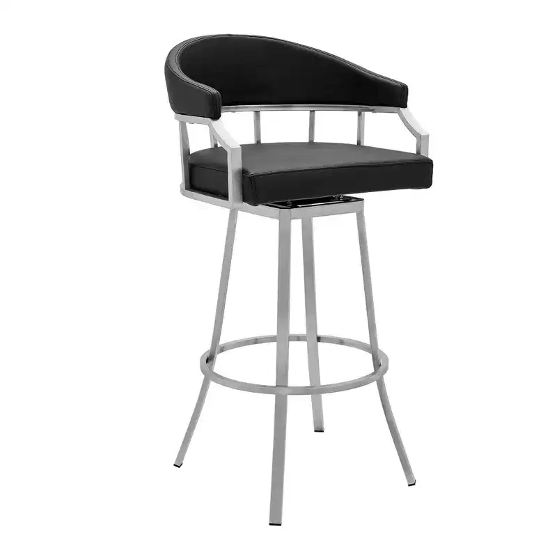 26 Palmdale Counter Height Barstool with Black Faux Leather Brushed Stainless Steel Finish - Armen Living: Swivel, Upholstered, Modern Design