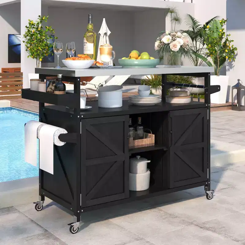 TUYOHW Outdoor Kitchen Island with Stainless Steel Top,Mobile Grill Prep Table with Spice Rack,Towel Rack,Storage Cabinet for Kitchen & BBQ