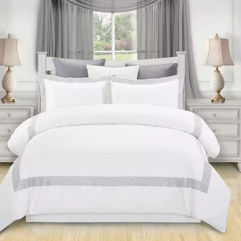 Modern Embroidered Geometric Cotton Duvet Cover and Pillow Sham Set - Blue Nile Mills