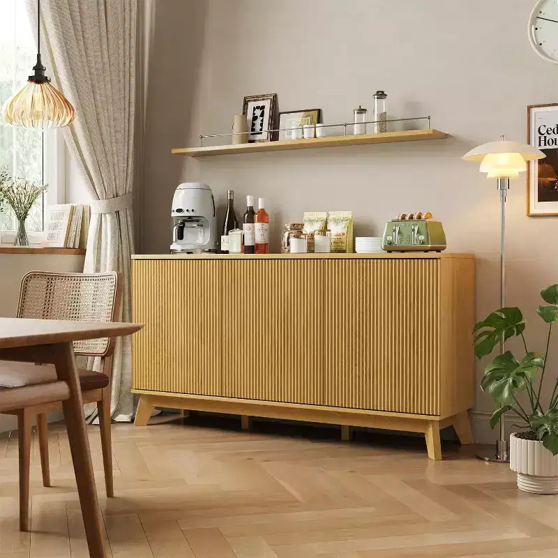 58 Wood Sideboard Buffet Cabinet with Curved Doors, Adjustable Shelves, Modern Farmhouse Storage Console for Dining Room, Coffee Bar