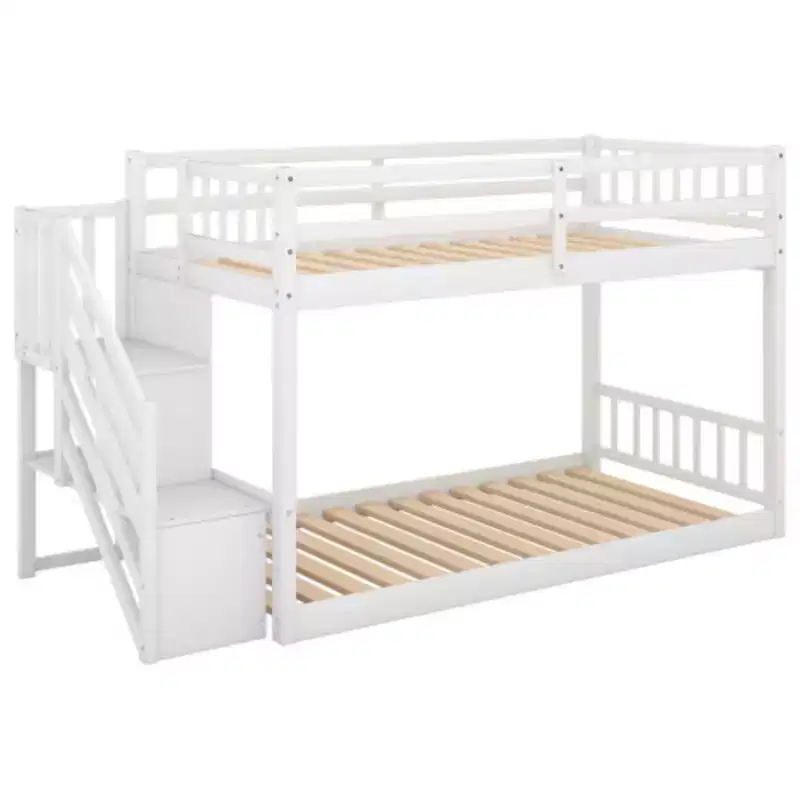 Twin over Twin Floor Bunk Bed in White, featuring Ladder with Storage