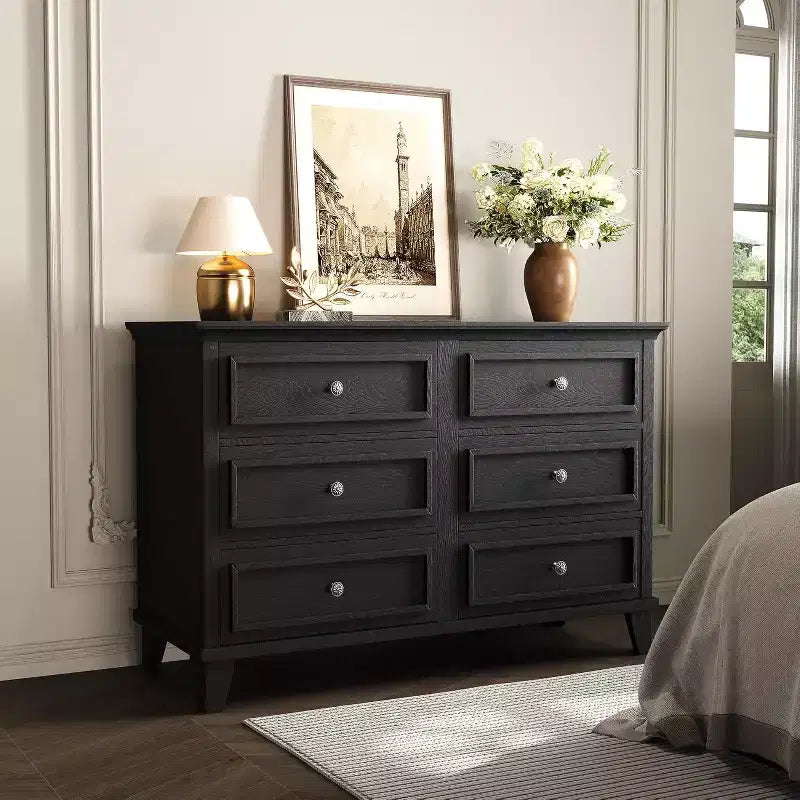 Farmhouse 6-Drawer Dresser in White, Double Wide TV Stand with Vintage Handles, Wood Chest for Bedroom