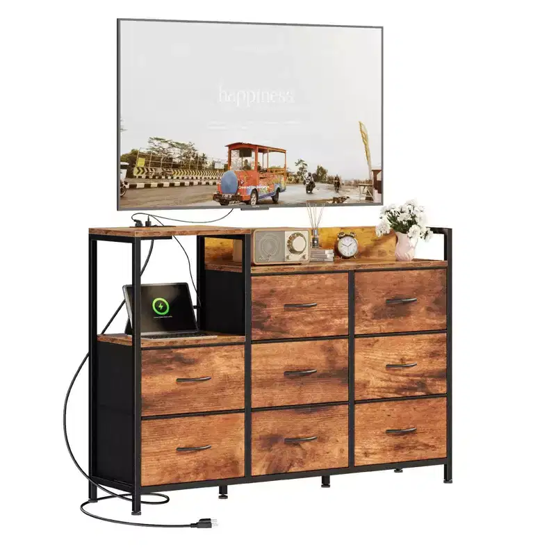 MAYEERTY Wooden Top TV Media Console, 8 Fabric Drawers 1 Shelf for 45-Inch TVs