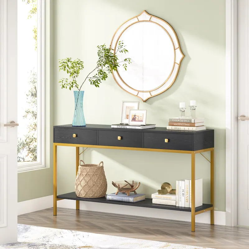VANOMi 54.33 Console Table with 3 Drawers, Black Entryway Table with Storage Shelves