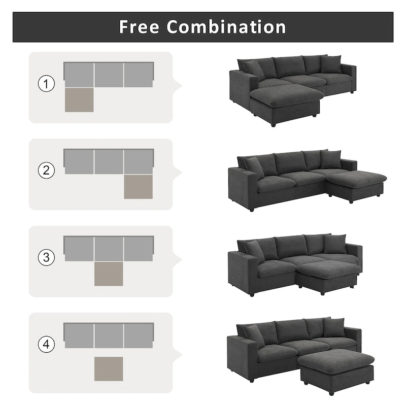 Modern Sectional Sofa,L-shaped Couch Set with 2 Free pillows,4-seat Polyester Fabric Couch Set with Convertible Ottoman
