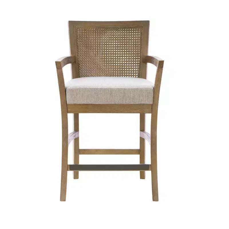 Cane Back Counter Height Barstool �C Cream Seat, Reclaimed Wood Frame