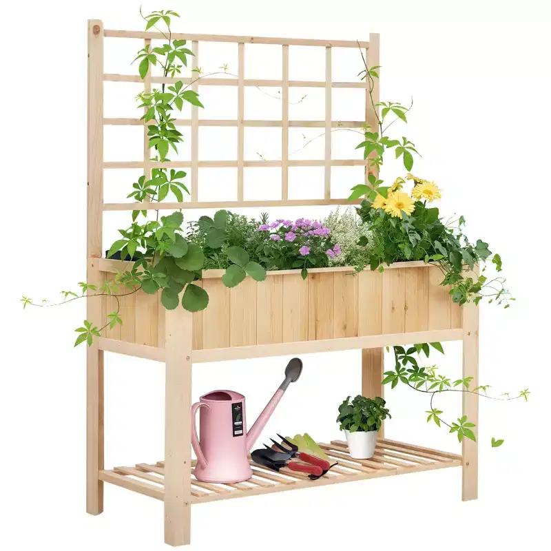 47'' Wooden Raised Garden Bed with Trellis, Coutryside Style Elevated Planter Box Stand with Open Storage Shelf, Spacious Planting Area for Vegetables