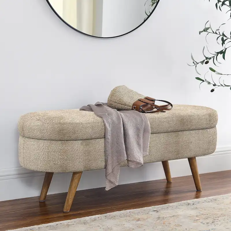 Oval Storage Bench Fabric Upholstered Entryway Bench with Rubber Wood Legs for Bedroom, Entryway, Living Room(43.5x16x16)