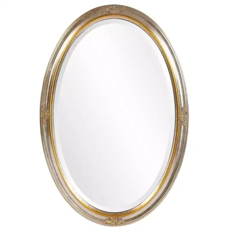 Oval Wall Mirror with Gold & Silver Wood Frame, Carved Scroll Detail, 31.5"