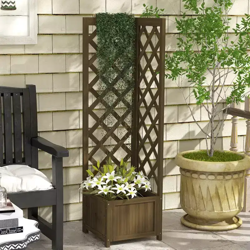 Outsunny Rustic Corner Planter with Trellis, Wooden Raised Garden Boxes Flower Bed for Backyard, Patio, Deck, Corner Use