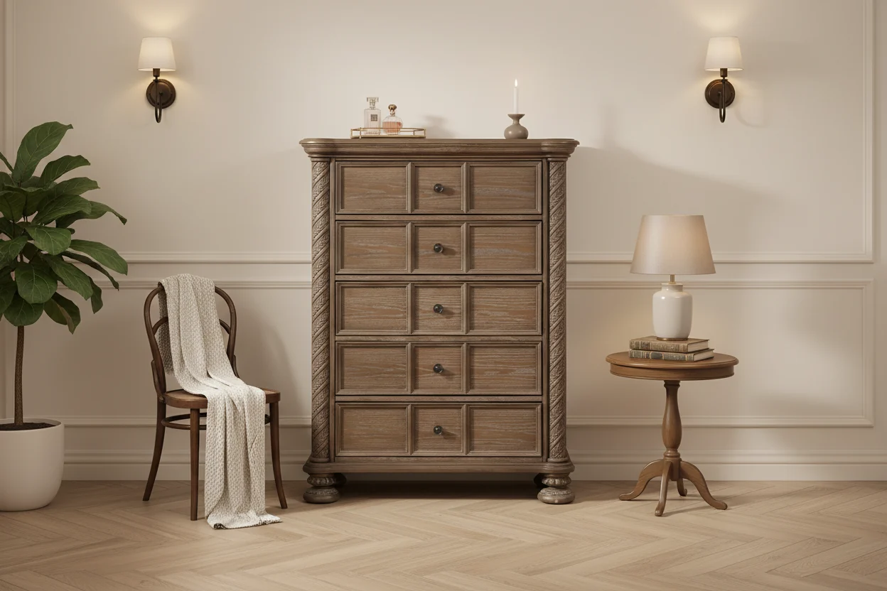 39-Inch Tall 5-Drawer Dresser Chest with Bun Feet �C Oak Brown Classic Style