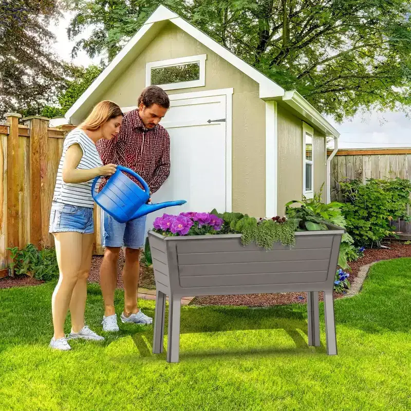 NAYSAYE 2PCS Double Raised Garden Bed Resin Planter Box with Drain Hole and Water Level Detector for Garden Patio Balcony, Brown, 44.33*19.69*29.92