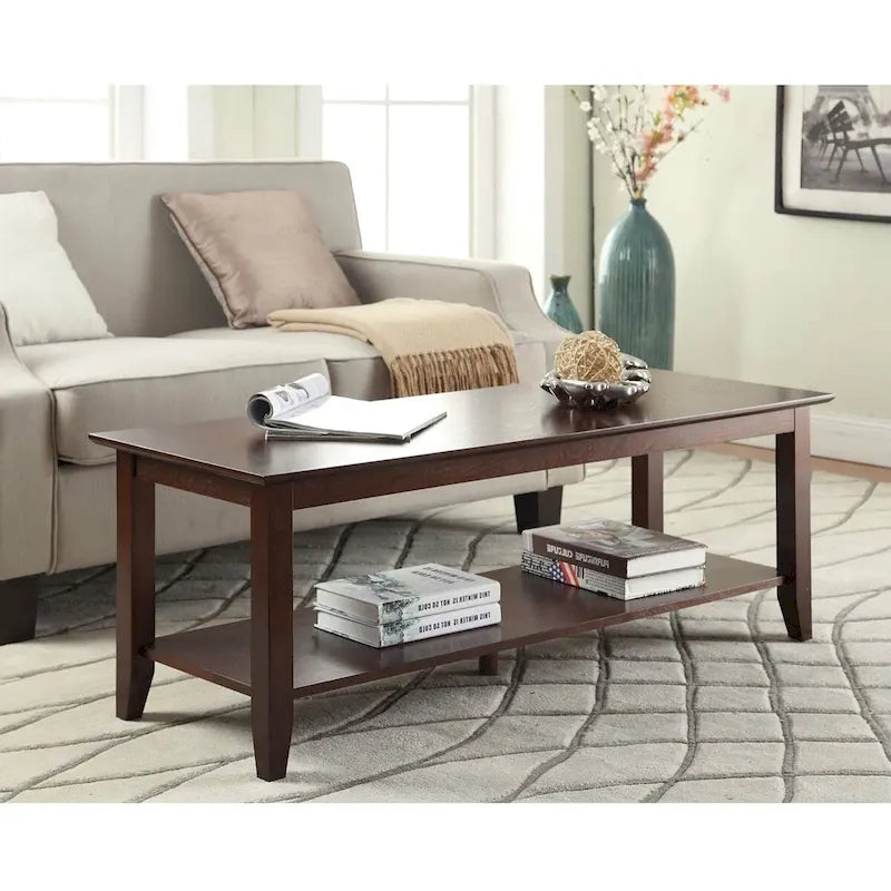 Espresso Wood Coffee Table with Bottom Shelf, 48"W