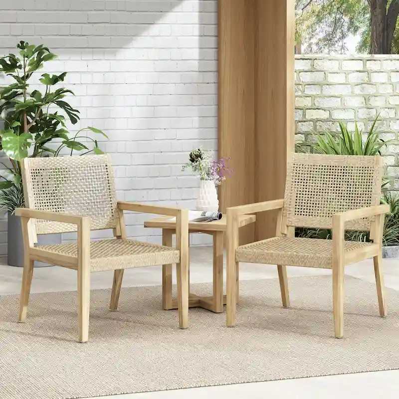 Roomfitters Set of 2 Outdoor Wicker and Acacia Wood Club Chairs with Cushions for Patio Seating, Natural