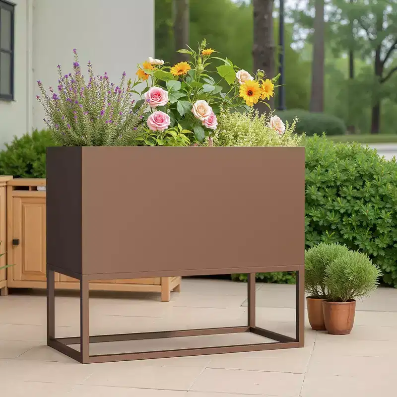 PexFix 36 x 18 Brown Large Metal Rectangular Planter with Shelves and Drainage Holes for Indoor/Outdoor Tall Plants Flowers