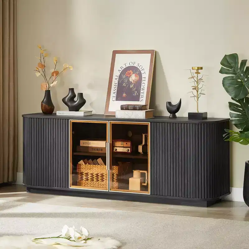 JVNOXK 64-inch Wavy TV Stand with Vertical Stripe Storage Cabinet and Glass Display, Suitable for Living Room/Bedroom, Black