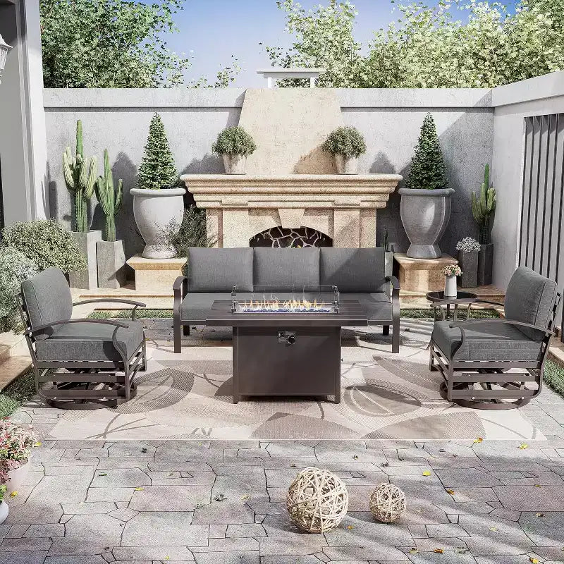 ALAULM Aluminum Patio Furniture Set 5-Seat Modern Metal Outdoor Conversation Sets w/45in Propane Fire Pit Table, Swivel Rocking Chairs