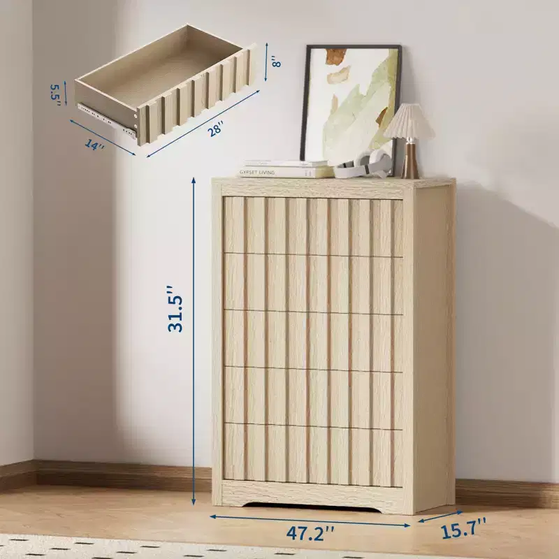Modern Fluted Wood Dresser with Drawers, Handleless Wooden Chest for Bedroom, Clothes Closet Organizer with Deep Storage for Hallway, Living Room
