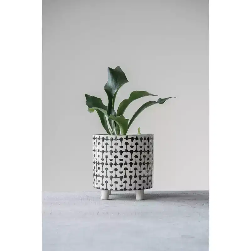 8" x 8" Round Stoneware Footed Planter Black/White - Storied Home: Glossy Scandinavian Tabletop Decor