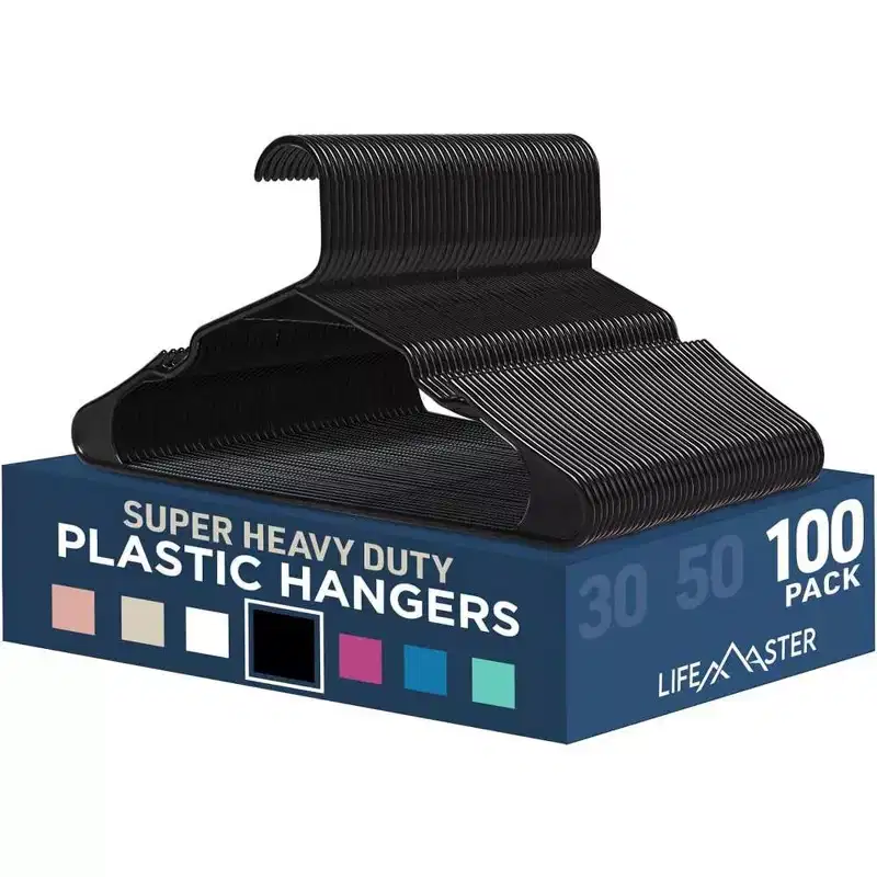 LifeMaster Black Plastic Clothes Hangers Set - Space-Saving and Non-Slip.