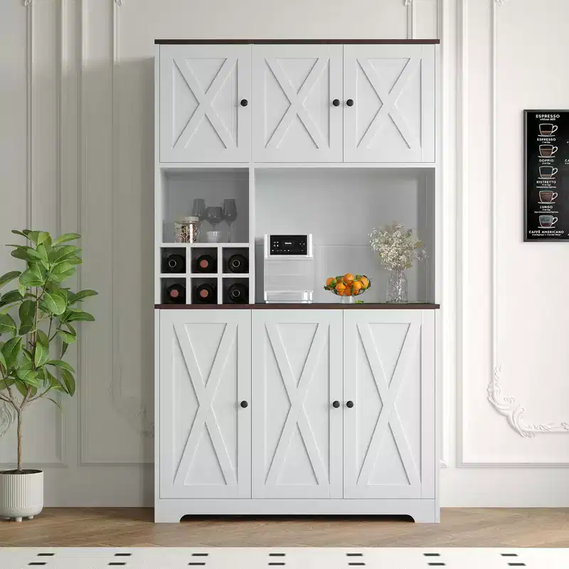71 Tall Kitchen Pantry Cabinet, Freestanding Buffet Hutch with Microwave Stand & Wine Rack, Wooden Coffee Bar Cabinet for Living Room Kitchen