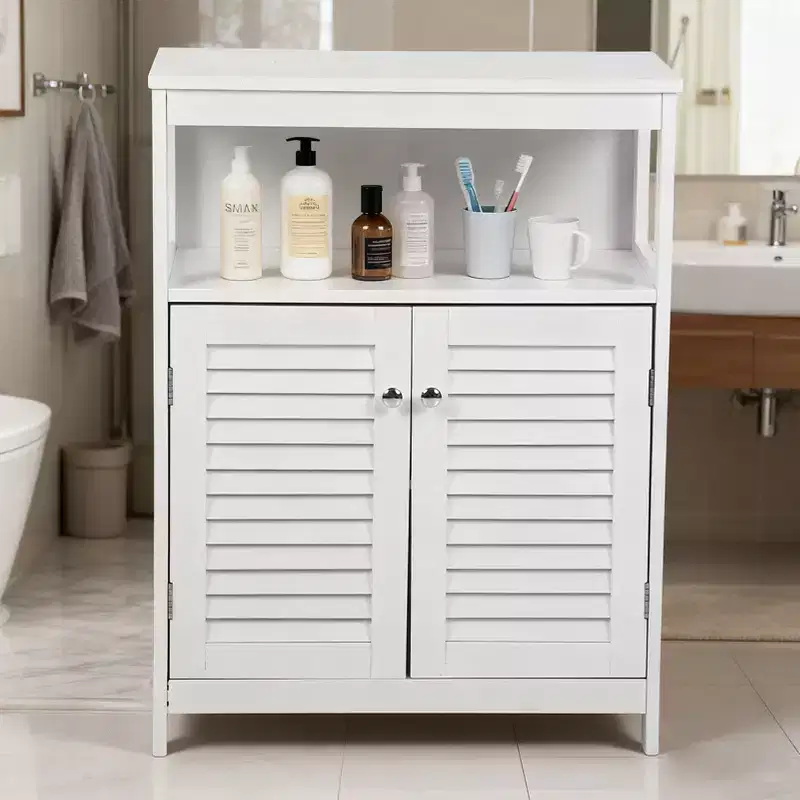 White Freestanding Bathroom Floor Cabinet with Shutter Doors, Single