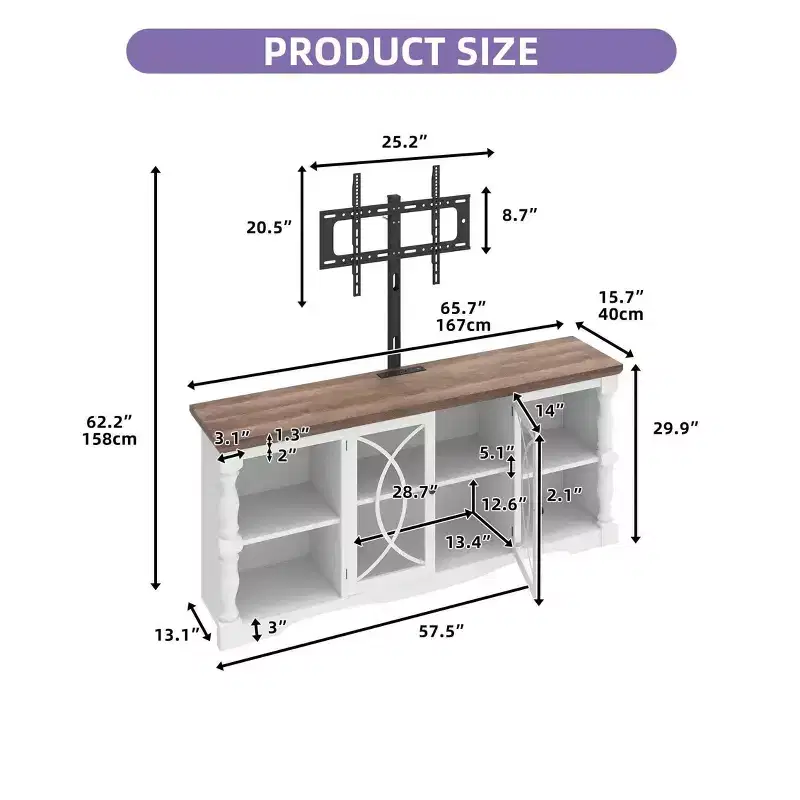 TV Stand with Mount & Power Outlets for 32-70 Inch TV, Farmhouse Entertainment Center with Height Adjustable for Living Room, Washed Grey & White