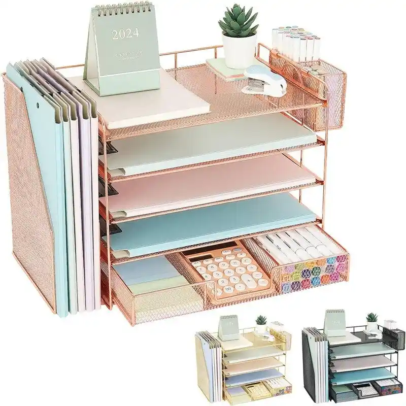 5-Tier Metal Mesh Desk Organizer with Drawer and Pen Holder