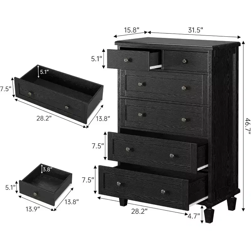 47 Tall Dresser for Bedroom, Vintage 6 Drawer Dresser with Carved Handles and Tapered Legs Design, Wood Chests of Drawers for Living Room Entryway