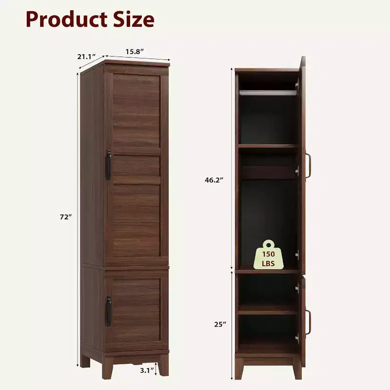 Armoire Wardrobe Closet, Wooden Wardrobe Cabinet with Hanging Rod, 72 in Narrow Clothing Cabinet with 18 Adjustable Shelves for Clothes, Bedroom