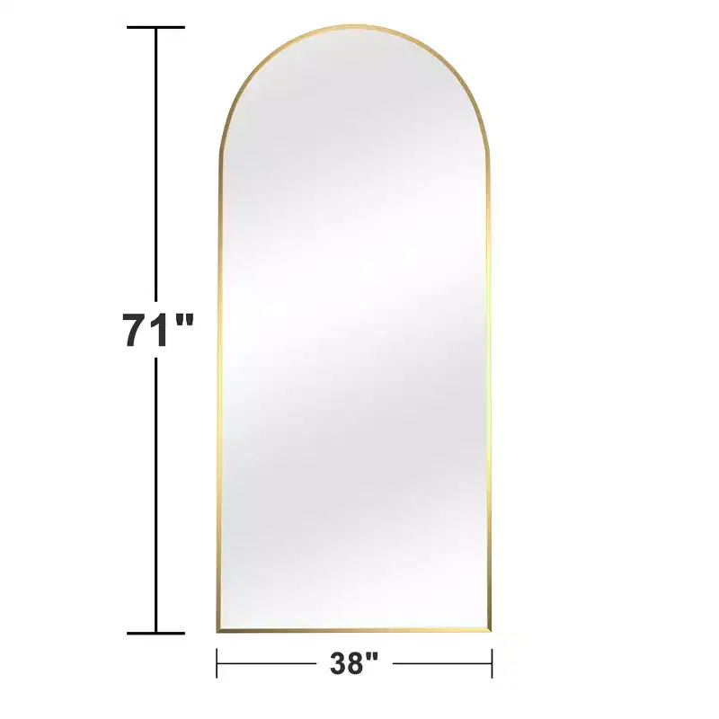 MAYEERTY Gold 33.86 x 77.17 Inch Arch Shaped Thin Edged Aluminum Alloy Full Length Mirror with Stand for Living Room and Bedroom Wall Decor