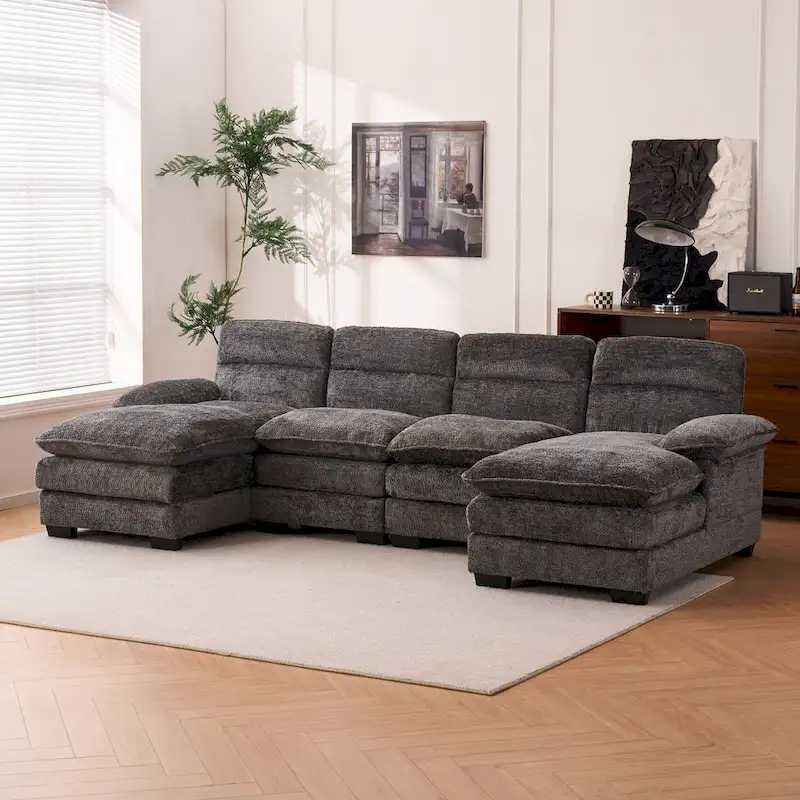 U-shaped profile sofa, including two single seats and two chaise, modular sofa, Chenille sofa