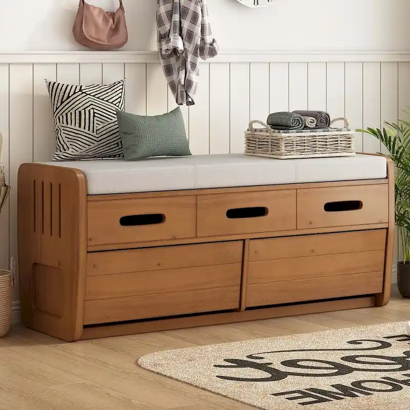 43 Farmhouse Acacia Wood Upholstered Storage Bench with 5 Drawers