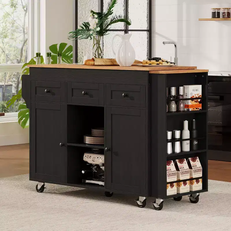 Whisen 85.5 Kitchen Island, Storage Table, Rolling Kitchen Island with Extendable Dining Table, 3 Side Open Shelves, 3 Drawers, 2 Doors