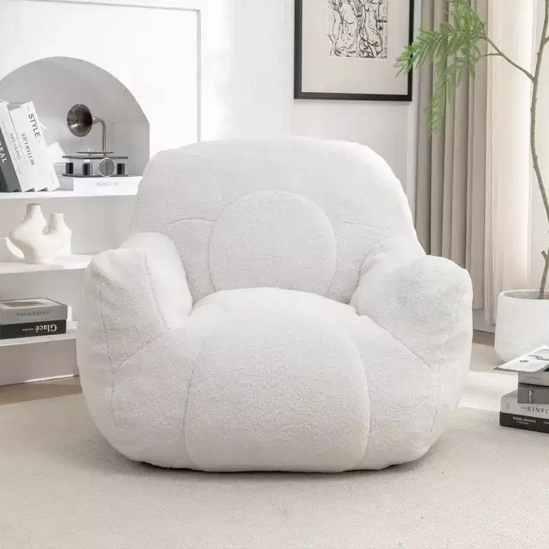 Okak Easy Clean Bean Bag Chair,Water-Resistant Teddy Lounger Beanbag Chair with Tufted Memory Foam,Thick Back & Armrests,White