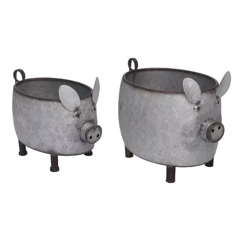 Transpac Metal Country Pig Planters Set of 2 Multicolored Tabletop Decor for Spring Home and Garden Decoration