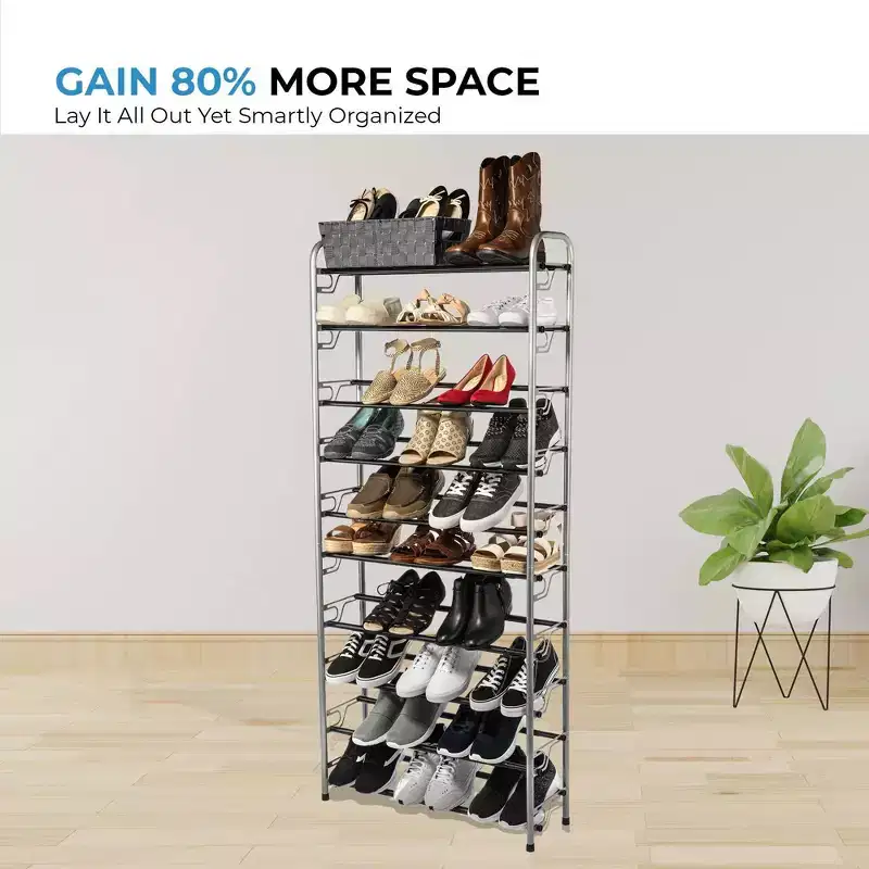 10-Tier Shoe Rack | Silver Frame with Black Bars | Large Capacity Shoe Organizer